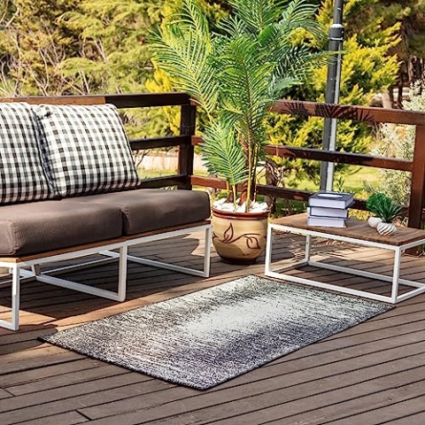 Livabliss Outdoor Teppich wetterfest, Kemer - In und Outdoor Teppich für Balkon 80x150 cm, Terrasse, Garten, Küche - Outdoor Teppich Boho Style, Teppich für draußen - Teppich Holzkohle und Elfenbein