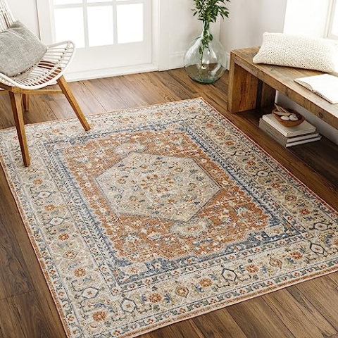 Livabliss Dukan Teppich waschbar in der Waschmaschine - Vintage Teppich waschbar für Wohnzimmer 160x213 cm, Schlafzimmer, Küche - Orientalischer Boho Style Teppiche, Teppich Groß, Orange, Creme, Blau