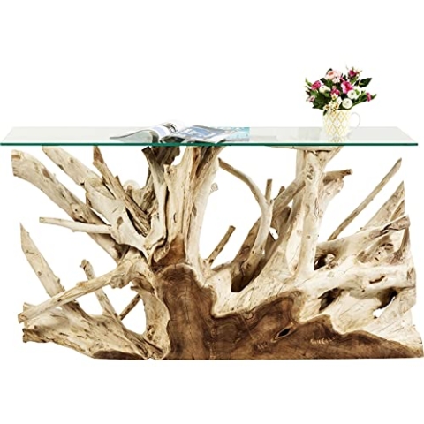 Kare Design Konsole Roots 150x40cm, Designer Konsole aus Wurzelholz mit Glasplatte, Unikat, Sideboard Echtholz, einzigartiges Schmuckstück, Teak Konsole, 75x150x40cm (H/B/T)