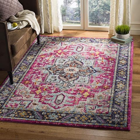 SAFAVIEH Boho Teppich für Wohnzimmer, Esszimmer, Schlafzimmer - Monaco Collection, Kurzer Flor, Fuchsia und Grau, 155 X 231 cm