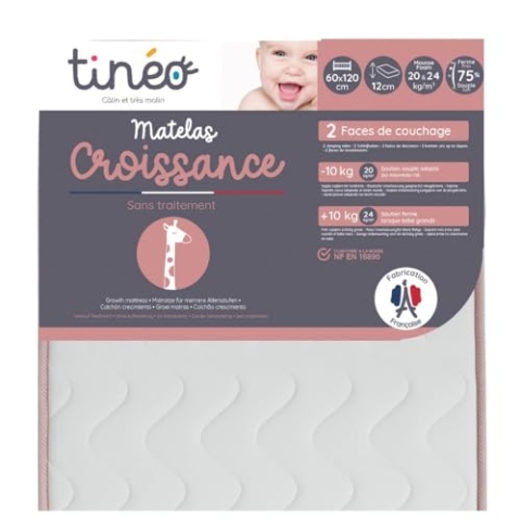 Tinéo – Babymatratze Wachstum 60 x 120 x 12 cm – Angepasst an das Wachstum des Babys – Fest – 2 schlafseiten: Dichte 16 kg/m³ und 24 kg/m³ – Keine Behandlung, Weiß