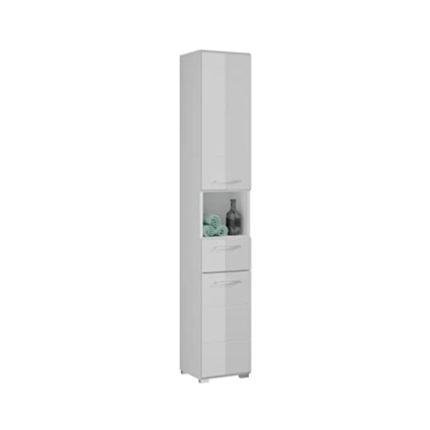Badezimmer Hochschrank Schrank Lina, Holzwerkstoff, weiß Nachbildung/weiß Hochglanz, 30 x 182 x 31 cm