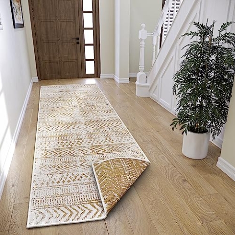 NORTHRUGS Biri In- & Outdoor Wendeteppich - Flachgewebe, Boho Design, ÖKO-TEX, Wetterfest & UV-beständig für Balkon, Terrasse, Garten - Ocker, 80x250cm