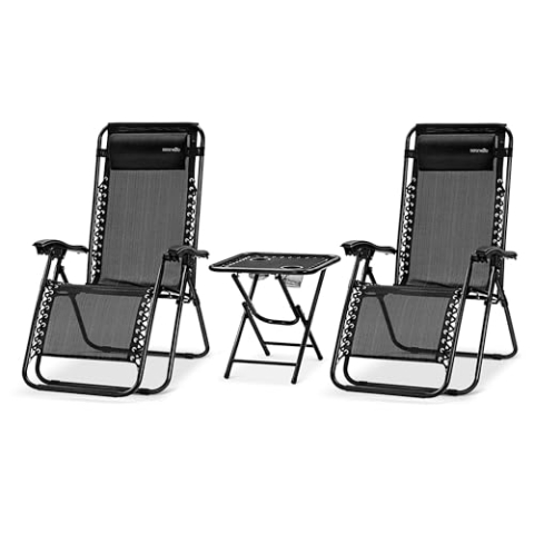 SereneLife Sonnenliege Wetterfest, Gartenliege Wetterfest zum Liegen, Loungesessel Verstellbar für Balkon, Garten, Terrasse & Camping mit Tisch, Kopfkissen & Getränkehalter, Deckchair, Gartenstuhl