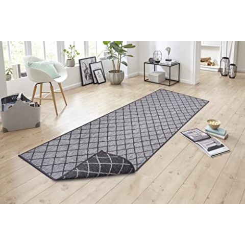 NORTHRUGS In- und Outdoor Teppich Malaga 80x250cm - Wendeteppich Wetterfest Modernes Geometrisches Muster für Balkon Terrasse Garten Wintergarten Küche Wohnzimmerteppich Wasserfest in Night Silver