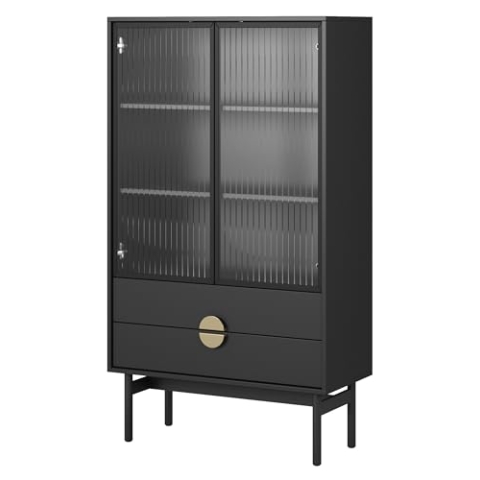 Selsey Vitrine Glas Vitrinenschrank Glasvitrine Wohnzimmer Glastür Niedrig 84 cm 2 Schubladen 3 Fächer Schwarz Stoon