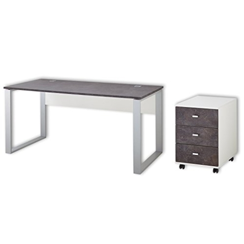 Germania Büromöbel-Set 8712-261, inklusive Schreibtisch und Rollcontainer, in Weiß/Basalto-Dunkel, 80.00 x 160.00 x 75.00 cm