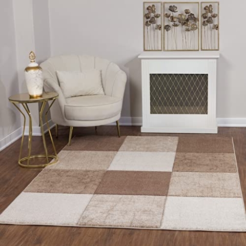 Livabliss Alfaro Teppich Wohnzimmer Boho - Groß 120x170 cm für Schlafzimmer, Esszimmer - Geometrisches Muster, Skandinavisch Modern in Braun, Beige, Weiß