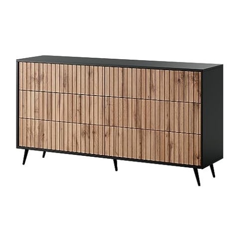 Selsey Kommode Schrank Aufbewahrungsschrank 154 cm Mit 6 Schubladen Wotaneiche Schwarze Beine Belllo