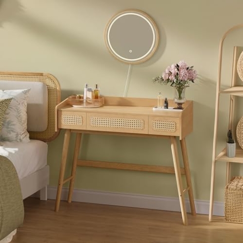 SONGMICS HOME BOHOVEN Kollektion – Schminktisch mit Spiegel, Beleuchtung, Kosmetiktisch 3 Schubladen in Rattan-Optik, Touch-Steuerung, 3 Lichtfarben, dimmbar, Boho-Stil, Schlafzimmer, eichenbeige