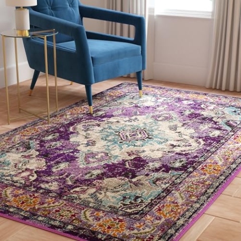 SAFAVIEH Boho Teppich für Wohnzimmer, Esszimmer, Schlafzimmer - Monaco Collection, Kurzer Flor, Violett und Hellblau, 201 X 279 cm