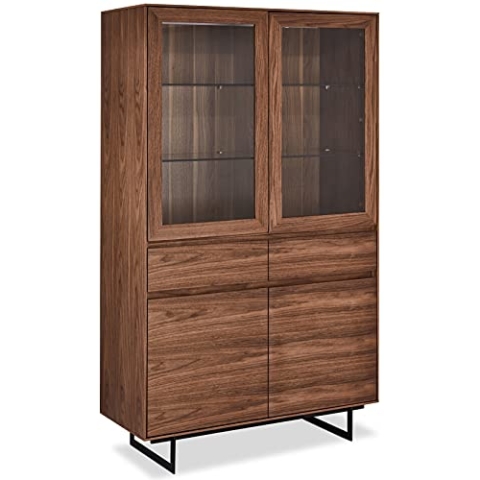 Ibbe Design Nussbaum Vitrine MDF Walnuss Furnier Vitrineschrank Tokyo med LED und Glastüren und 4 Schubladen, Schwarz Metall Gestell, 110x45x190 cm