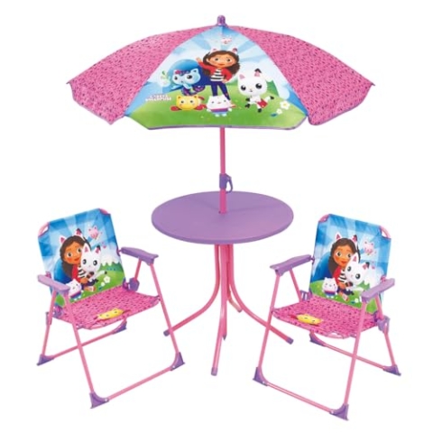 Fun House 713602 Gabby ET La Maison Magique Gartenmöbel-Set für Kinder, mit einem Tisch, H 46 x Ø 46 cm, Zwei Stühle, H 53 x B 38,5 x T 37,5 cm und einem Sonnenschirm, H 125 x Ø 100 cm, Rosa