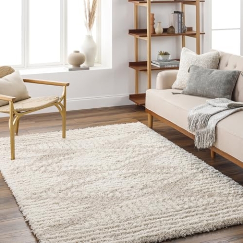 Livabliss Tuzla Shaggy Berber Teppich - Flauschiger Langflor Hochflor für Wohnzimmer, Esszimmer, Schlafzimmer - Groß 160x220 cm, Hellbeige, Weiß