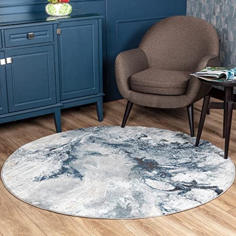Livabliss New York Wohnzimmer Teppich modern – Abstrakt Design in Marmor Optik für Wohnzimmer 160 cm Rund, Esszimmer, Schlafzimmer - Marmor Teppich groß, weicher Teppich Kurzflor in Blau, Grau, Beige
