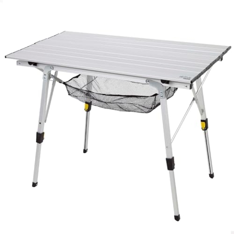 AKTIVE Klapptisch, 90 x 51 x 45/70 cm, Teleskopbeine, rutschfeste Stopper, Tischplatte und Struktur aus Aluminium, trägt 30 kg, abnehmbares Netz, Klapptische, Camping, Strand, Picknick (63052)