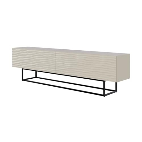 Selsey TV Schrank Lowboard Board Sideboard Fernsehtisch Fernsehschrank 2 Fächer Push to Open 175 cm Wellenmuster Schwarze Metallbeine Pulverbeschichtet Graubeige Wavio