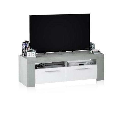 Wohnzimmer-TV-Ständer mit zwei Flügeltüren und zwei kleinen Fächern, Betonfarbe mit weißen Artik-Einsätzen, 120 x 40 x 42 cm.