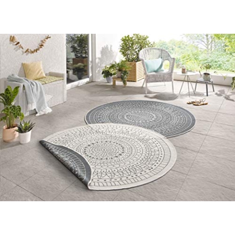 Northrugs Porto In- und Outdoor Teppich Rund – Runder Wendeteppich Wasserfest Mandala Design Flachgewebe Teppich Wetterfest für Balkon, Terrasse, Garten, Wohnzimmer in Grau Creme, ⌀200cm