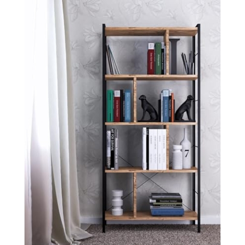 Hanah Home Modern Industrial Bookshelf, Brown & Black, 78 x 150 x 26 cm | 100% Melamine Coated Particle Board, 18 mm Thick, Sturdy Metal Frame | Stylish Storage Solution