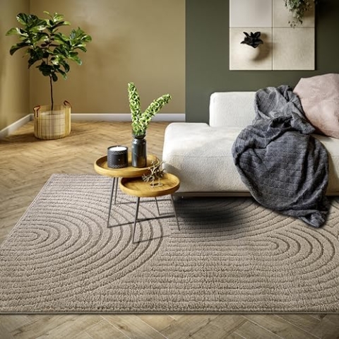 Elle Decoration Panglao moderner Hochflor Teppich - Wohnzimmerteppich Flauschig – Hoch-Tief Effekt Skandi Boho Geometrisch Wellen, Bogen - für Wohnzimmer, Schlafzimmer, Küche - Taupe, 120x170cm