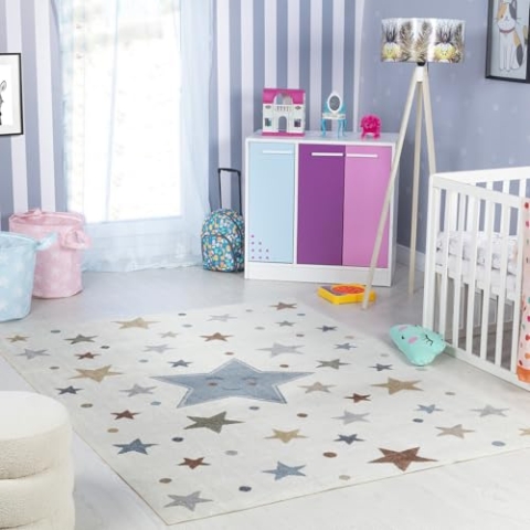 Livabliss Sterne Kinderteppich waschbar - Cartoon Teppich 160x213 cm, Sterne Teppich Kinderzimmer oder Babyzimmer, Waschbarer Krabbelteppich, Spielteppich - Baby Teppich für Jungen & Mädchen, Creme