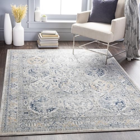 Livabliss Mayfair Vintage Teppich Groß - Orientalischer Wohnzimmer 160x220 cm, Esszimmer, Schlafzimmer - Boho, Kurzflor für Einfache Pflege - Muster in Grau und Blau