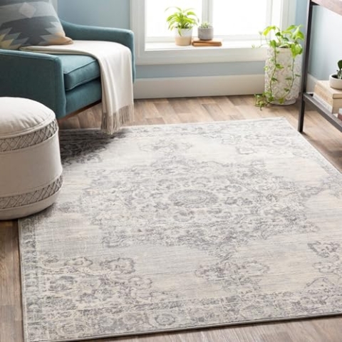 Livabliss Kuta Vintage Teppich groß - Orientalischer Teppich Wohnzimmer 140x200 cm, Esszimmer, Schlafzimmer - Boho Teppich, Kurzflor Teppich für einfache Pflege - Muster Teppich in Grau und Elfenbein