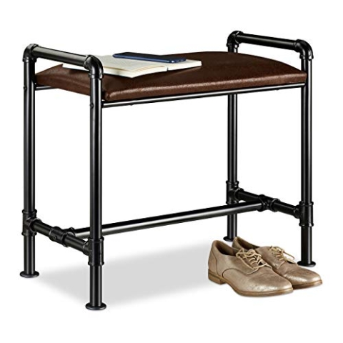 Relaxdays Bank Industrial, braune Flanell-Polsterung, stabil, Industrie-Design, Gusseisen, HBT: 55 x 63 x 31 cm, schwarz