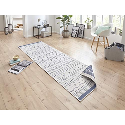 NORTHRUGS In- und Outdoor Teppich Kuba 80x250cm - Wendeteppich Wetterfest Boho Design Ethno Muster Läufer für Balkon Terrasse Garten Wintergarten Wohnzimmerteppich Wasserfest in Blau Creme