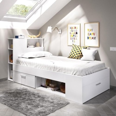 Rimobel DEKIT Grupo Lanka Kompaktes Bett, 90 x 190 cm, mit Schubladen, Weiß, 96 x 99 x 218 cm