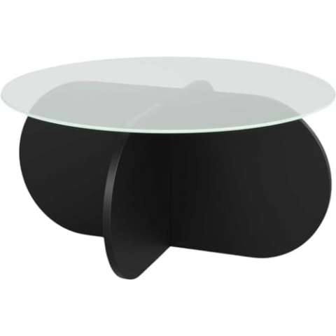 Hanah Home Stylish Black Coffee Table, 75 x 75 x 35 cm | 100% Tempered Glass Top, 100% Melamine Coated Particle Board Frame | Durable PVC Strapping, Modern Design