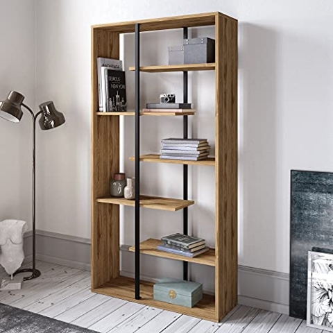Hanah Home Modern Industrial Bookshelf, Walnut & Black, 90 x 173.2 x 29.5 cm | 100% Melamine Coated Particle Board & Metal | Wall-Mountable, Stylish Storage Solution