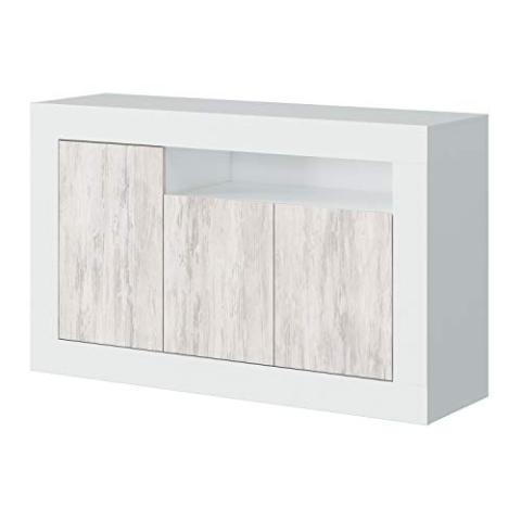 Sideboard mit drei Türen, weiße Farbe, 144 x 87 x 43 cm.