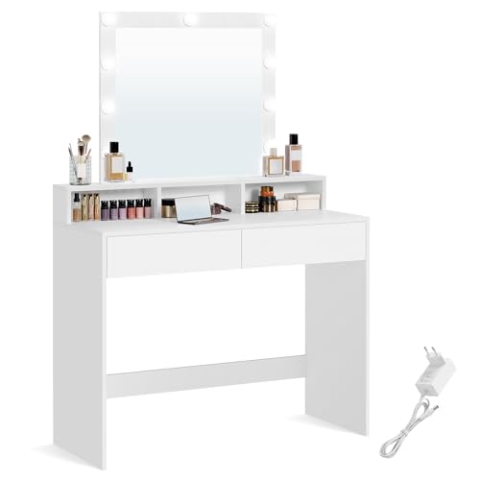 VASAGLE Schminktisch mit LED-Beleuchtung, einstellbare Helligkeit, Frisiertisch mit Spiegel, Kosmetiktisch mit 2 Schubladen und 3 offenen Fächern, Frisierkommode, modern, weiß RDT164W01