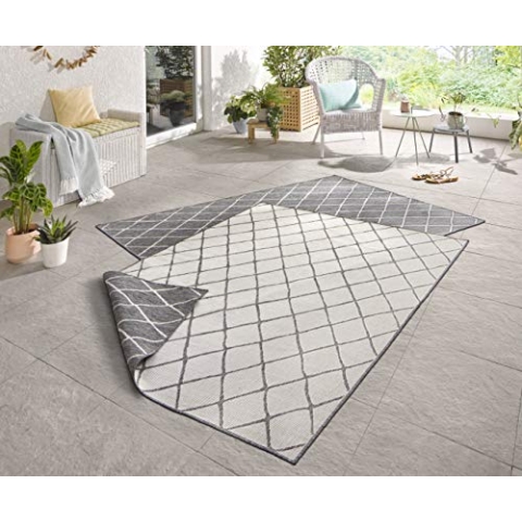 NORTHRUGS In- und Outdoor Teppich Malaga 200x290cm - Wendeteppich Wetterfest Modernes Geometrisches Muster für Balkon Terrasse Garten Wintergarten Küche Wohnzimmerteppich Wasserfest in Grau Creme