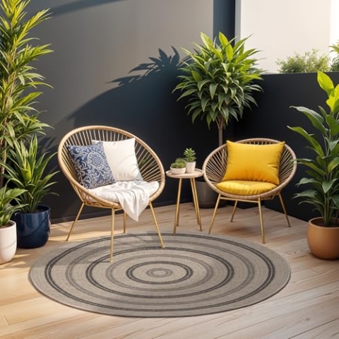 Livabliss Porto Runden Outdoor Teppich - Wetterfest für Balkon 160 cm, Terrasse, Garten, Küche - Boho Style für Draußen - Beige, Schwarz