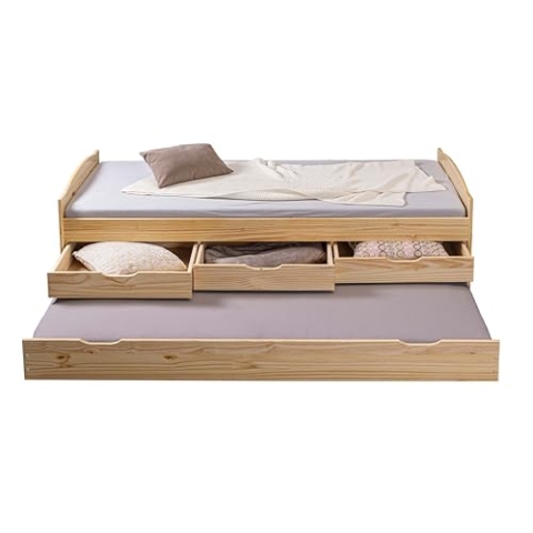 Inter Link - Funktionsbett - Kinderbett - Einzelbett mit Stauraum - Bett mit Schubladen - 2 Liegeflächen 90x200cm - Kiefer massivholz - inkl. Lattenrost - Natur lackiert - Marinella 90x200cm