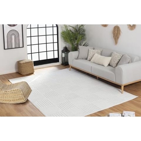 Livabliss Outdoor Teppich Detroit - In- und Outdoor für Balkon, Terrasse, Garten, Küche - Wetterfest, Boho Style, Weiß, 160x220cm