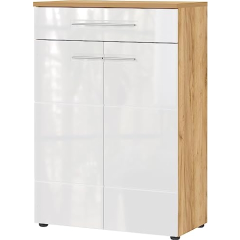 GERMANIA DIE MÖBELMACHER Schuhschrank mit Zwei Türen und Einer Schublade, Hochglanzfronten, in Eiche/Weiß, 75 x 110 x 41 cm (BxHxT)