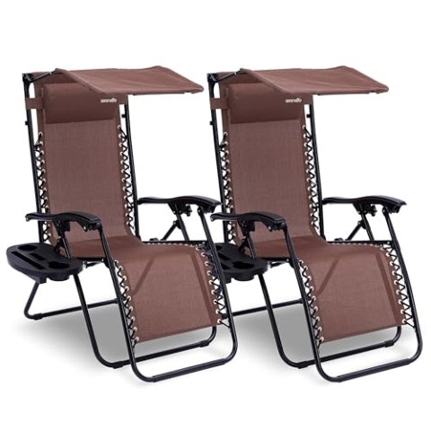 SereneLife Sonnenliege Klappbar 2er Set, Gartenliege Wetterfest zum Liegen & Relaxen, Deckchair mit mit Sonnendach, Beistelltisch & Getränkehalter, Campingstuhl Verstellbar mit Stahlrahmen bis 120 KG