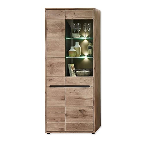 Stella Trading BELLANO Vitrine in Viking Eiche Optik, Graphit - Moderner Vitrinenschrank mit LED-Beleuchtung und viel Stauraum - 80 x 202 x 38 cm (B/H/T)