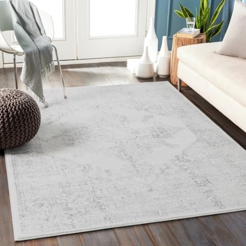 Livabliss Roma Vintage Teppich Groß - Orientalischer Boho für Wohnzimmer, Esszimmer, Schlafzimmer - 120x170 cm, Kurzflor für Einfache Pflege - Muster in Elfenbein und Grau