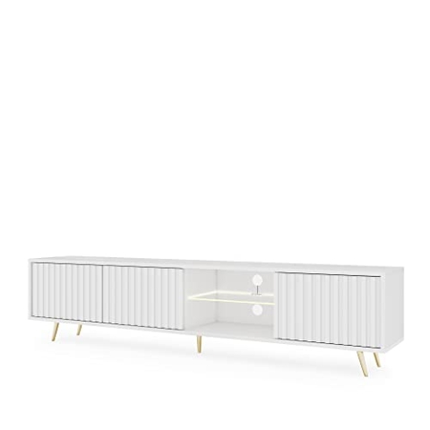 Selsey TV Schrank Board Sideboard Fernsehtisch Fernsehschrank Mit Lamellen Und LED Beleuchtung 175 cm Goldene Beine Weiß Bello