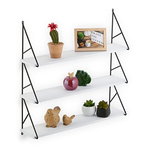 Relaxdays Wandregal, 3 Ablagen, MDF & Eisen, H x B x T: 60 x 60 x 15 cm, Wandablage Wohnzimmer, Dekoregal, weiß/schwarz