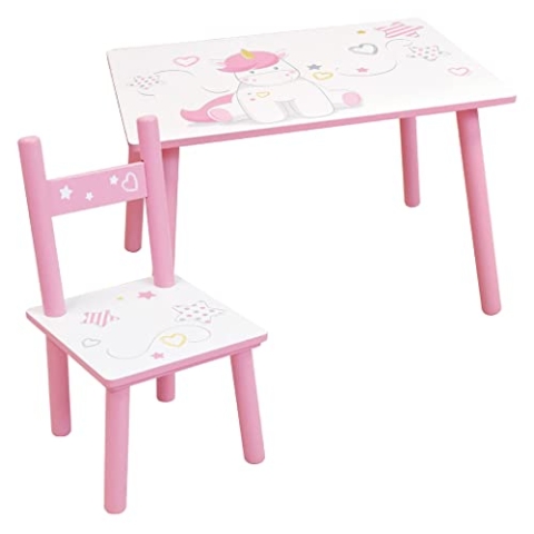 Fun House 713527 Einhorn-Tisch, Höhe 41, Länge 61, 42 cm, mit einem Stuhl, Höhe 49,5 x Breite 31 x Tiefe 31,5 cm, für Kinder