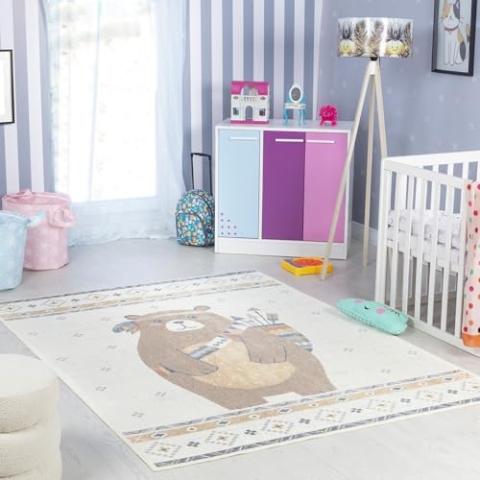 Livabliss Bär Kinderteppich waschbar - Cartoon Teppich 160x213 cm, Waschbarer Teppich Kinderzimmer oder Babyzimmer, Krabbelteppich oder Spielteppich - Baby Teppich für Jungen & Mädchen, Beige