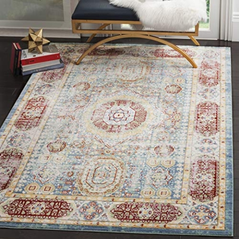 SAFAVIEH Boho Teppich für Wohnzimmer, Esszimmer, Schlafzimmer - Valencia Collection, Kurzer Flor, Blau und Multi, 152 X 244 cm