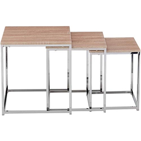 HAKU Möbel Beistelltisch 3er Set Chrom, Eiche hell, MDF, Metall - Maße: B 29/34/39 cm x H 36/39/42 cm x T 29/34/39 cm, Style: Modern