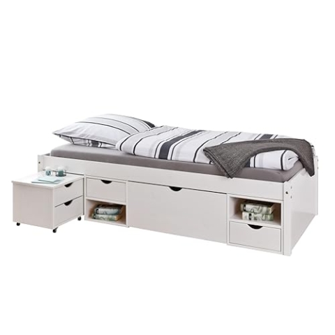 Inter Link - Einzelbett mit Schubladen – 90 x 200 cm – Kojenbett mit Stauraum – Praktisches Jungendbett – Kiefer massivholz – Weiß lackiert – Platzsparendes Jugendzimmer Einzelbett – Till 90 x 200cm